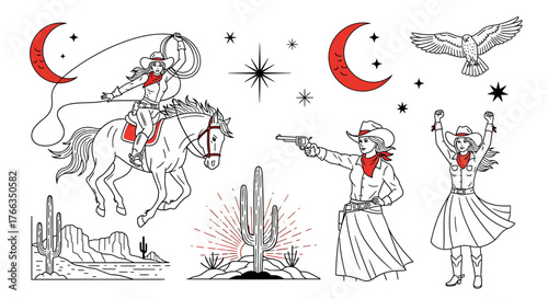 Collection of illustrations featuring a cowgirl riding a horse, shooting a gun, and other western elements.