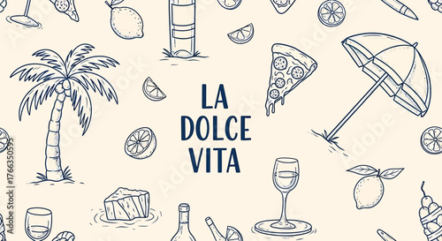 Hand-drawn illustration with summer and Italian elements, featuring the phrase "La Dolce Vita".
