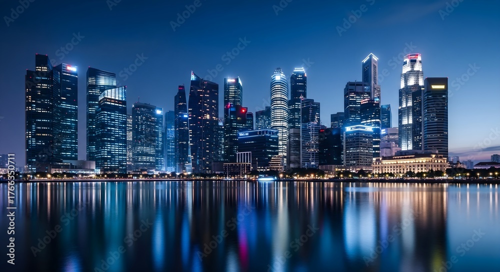Fototapeta premium Modern City Skyline at Night with Reflections on Water