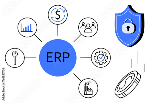Central ERP hub connected to icons for analytics, finance, workforce, security, tools, process automation, and manufacturing. Ideal for management, technology logistics security optimization
