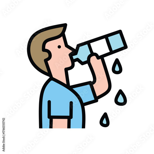 Colorful vector icon illustrating a man quenching his thirst with bottled water, emphasizing healthy habits, wellness, and essential hydration for an active lifestyle