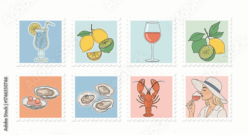 A collection of eight postage stamps featuring summer-themed illustrations of food and drinks.