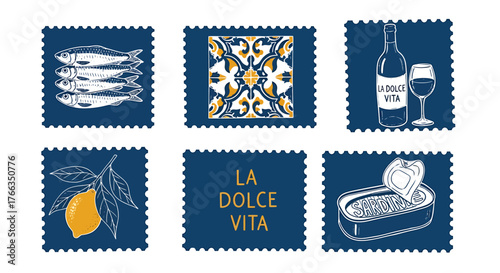 Six blue postage stamp illustrations depicting various Italian-themed elements like fish, wine, lemons, a decorative tile, and the phrase 'La Dolce Vita'.