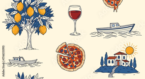 Hand-drawn illustrations depicting Italian culture with a lemon tree, red wine, pizza, boats, and a Mediterranean villa under the sun.