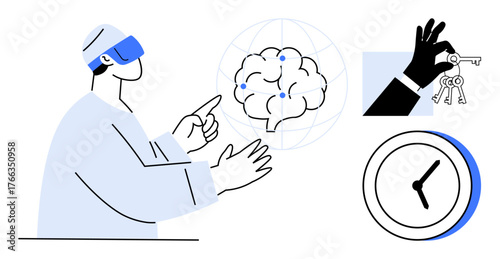 Person in VR headset pointing to interconnected brain, hand holding keys, clock symbolizing time management, future. Ideal for technology, innovation, decision-making, learning, time security