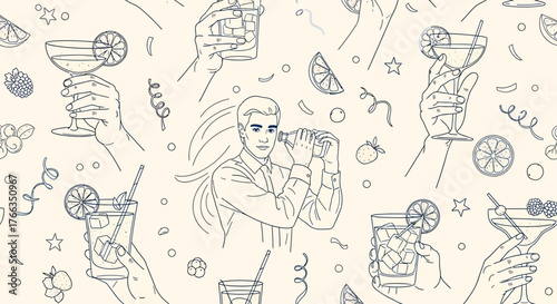 Line drawing of a bartender shaking a cocktail surrounded by hands holding drinks and garnishes.