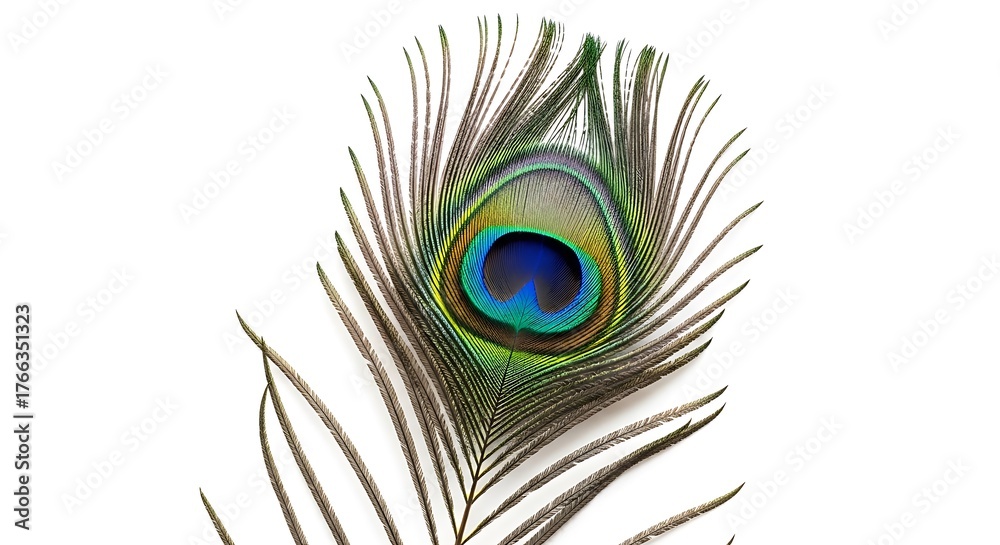 Fototapeta premium Close up of a beautiful peacock feather with iridescent eye against a white background