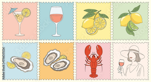 A collection of summer-themed illustrations styled as postage stamps, featuring seafood, citrus fruits, and wine.