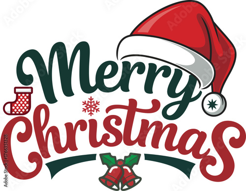 Festive merry christmas graphic design featuring santa hat stocking bells and snowflakes for holiday celebrations