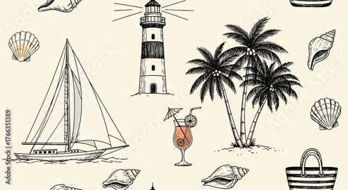 Hand-drawn summer pattern with beach elements like palm trees, sailboat, and lighthouse.