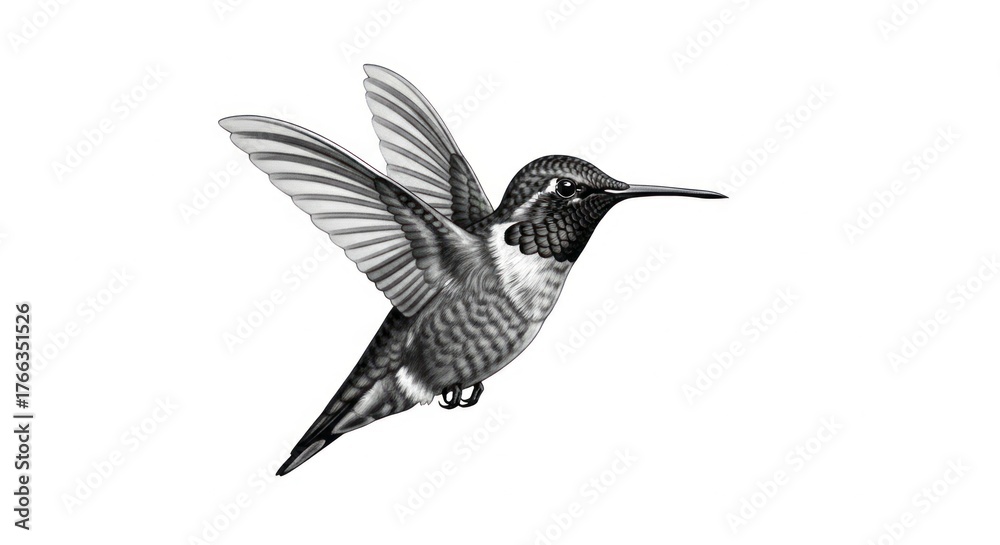 Fototapeta premium Realistic Grayscale Illustration of a Hummingbird in Flight, Detailed Black and White Avian Drawing with Delicate Feathers on an Isolated White Background.