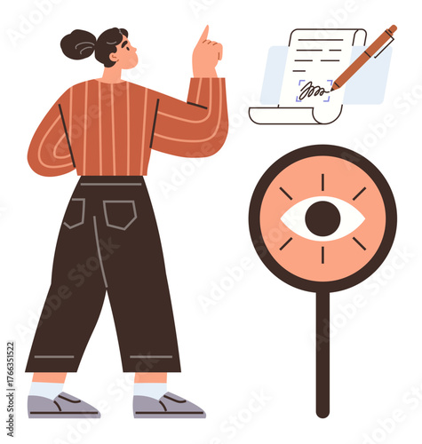 Woman raising a finger beside signed paper and magnifying glass with eye. Ideal for research, analysis, agreement, focus, review, decision-making, and planning concepts. Simple flat metaphor