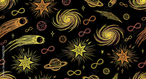 Vibrant hand-drawn space pattern featuring celestial bodies, galaxies, comets, and infinity symbols in yellow and orange on a black background.