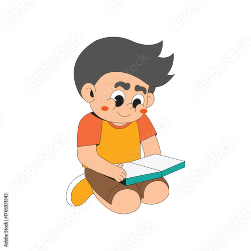 Cheerful boy reading a book character illustration