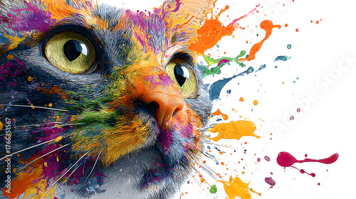Close-up of a cat's face covered in vibrant paint splashes against a white background. with accents