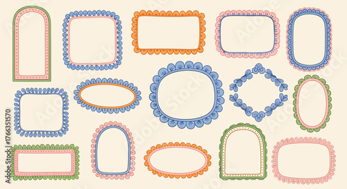 Collection of decorative frames with scalloped edges in various shapes and colors.