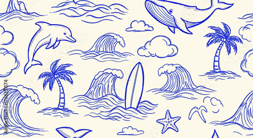 A charming hand-drawn sketch of a beach scene with a whale, dolphin, surfboard, palm trees, and crashing waves.