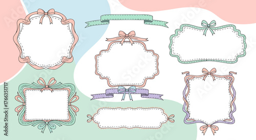 A charming collection of hand-drawn vintage frames and banners with delicate ribbon bows in soft pastel colors.