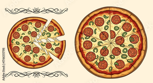 Two delicious pepperoni pizzas, one whole and one sliced, with green peppers on a beige background.