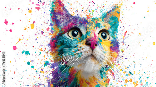 A vibrant watercolor-style cat portrait splashed with rainbow colors on white background. with charm