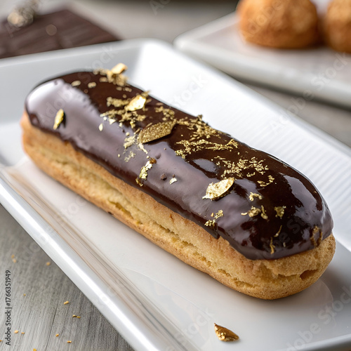 close up of a chocolate eclair topped with glossy chocolate glaze