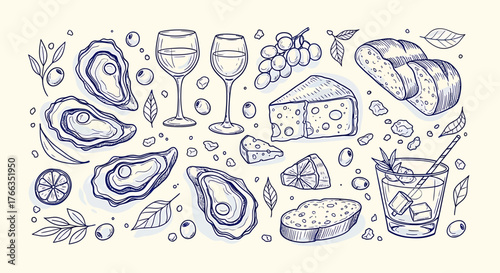 Hand-drawn sketch illustration of a gourmet food and drink spread including oysters, wine, cheese, bread, and olives.