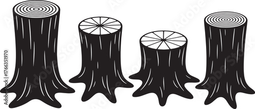 Tree stumps in a row, showing cross-sections and roots.