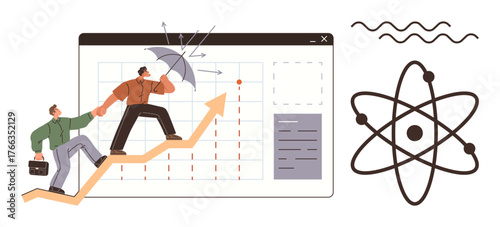 Professionals climbing an upward graph, shielding challenges with an umbrella. Atom symbol symbolizing innovation and waves indicating dynamic trends. Ideal for business growth, teamwork, innovation