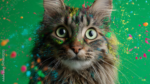 Close-up of a fluffy tabby cat with green eyes, against a green background dotted with confetti now