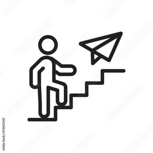 Person climbing stairs towards a paper airplane