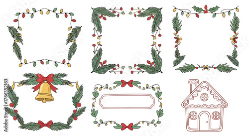 Festive Christmas-themed illustrations featuring decorative frames, garlands, and a gingerbread house.