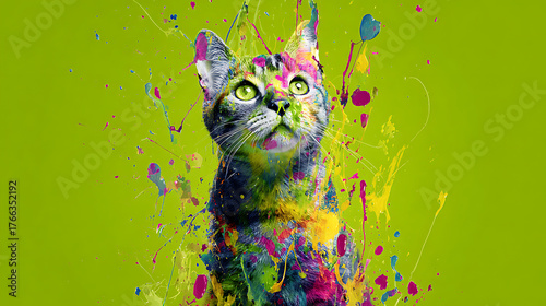 A vibrant cat portrait splashed with neon paint on a lime green backdrop dynamic and playful bright