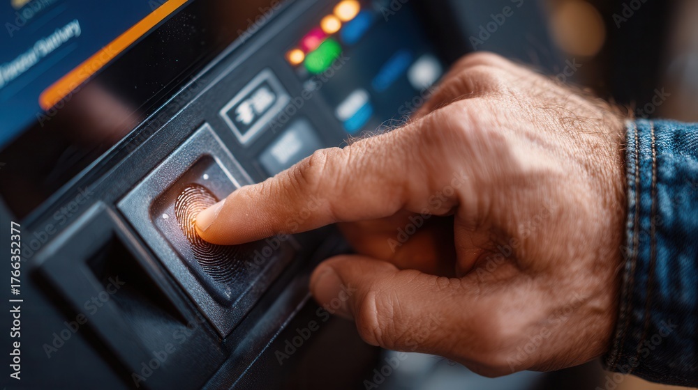 Fototapeta premium Man's finger scans fingerprint on modern security device for secure authentication and access control, highlighting advanced technology