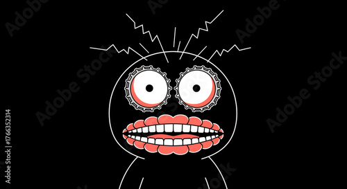 Animated character with gear eyes and lightning hair on black background.