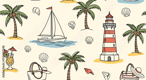 A charming hand-drawn seamless pattern featuring tropical beach elements like palm trees, a sailboat, a lighthouse, and beach accessories.