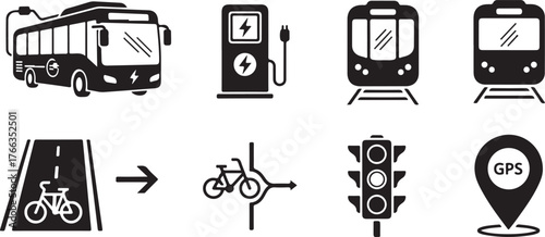 Set of modern transportation icons including electric bus charging station trains bicycle lane traffic signal and gps vector