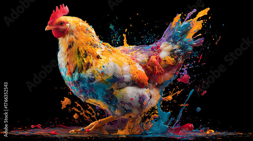A vibrant, multicolored chicken bursts with paint splashes across a dark background. in bold motion