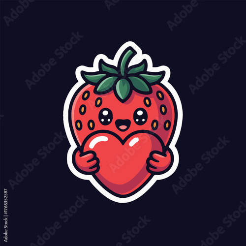 A cute strawberry character holding a red heart with a sweet smile on a dark blue background art