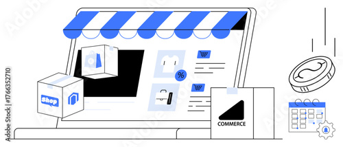 Laptop screen displaying online store items, shipping boxes, falling coins, calendar, and gear. Ideal for shopping, marketing, logistics payments business delivery innovation. Simple flat