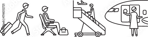 Set of simple line art icons depicting airport passenger services and travel journey stages. vector