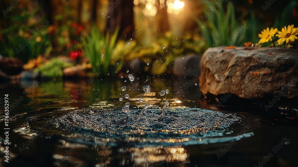 Fototapeta premium Captivating water splash in a serene garden pond with vibrant yellow flowers and golden sunlight illuminating the tranquil scene