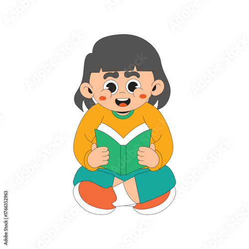 Illustration of a woman sitting reading book cartoon character illustration