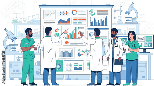 Vector art of diverse medical team analyzing data on screen in laboratory