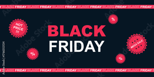 Black Friday horizontal web banner on black background with red Barrier tape with inscription. Template, layout, poster and banner for sales, discounts, Black Friday, Cyber Monday, advertising