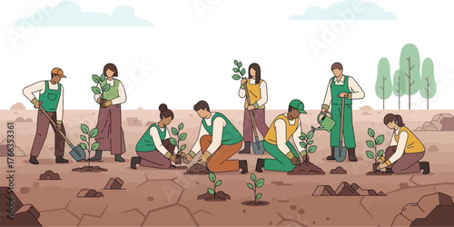 Vector art of people planting trees to restore the environment and combat climate change