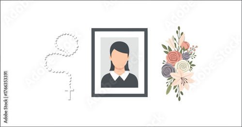 Vector art of memorial frame with rosary and flowers