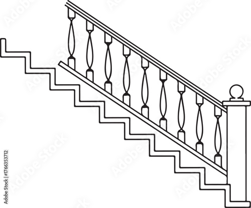 Black and white line drawing of a wooden staircase with ornate balusters and a newel post stairs