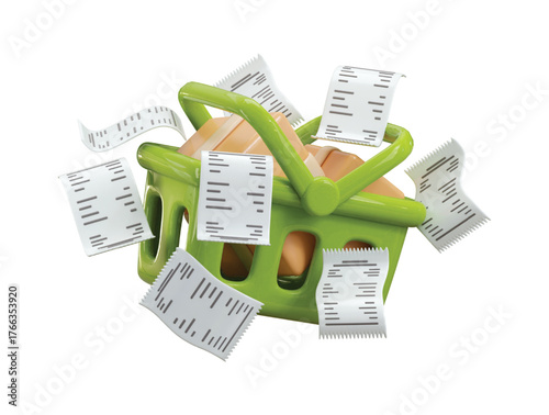 Basket full of cardboard boxes and cash receipt icon 3d render concept of full of basket with cardboard box for online shopping, supermarket purchase icon vector illustration