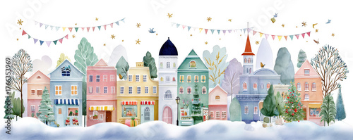 Colorful winter village scene with snow-covered rooftops, festive decorations, and whimsical houses in a cheerful atmosphere