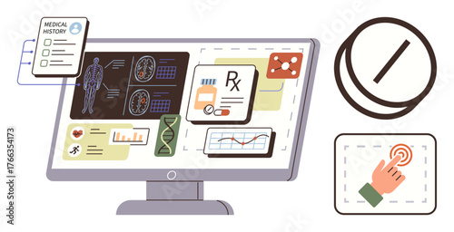 Computer screen showcasing medical records, diagnostic scans, prescription details, graphs, and DNA structure. Ideal for healthcare, telemedicine, diagnostics, innovation technology science data